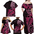 Aotearoa Maori Family Matching Off Shoulder Maxi Dress and Hawaiian Shirt Pink Fern Ribbons on Black - Aussie Hoodie