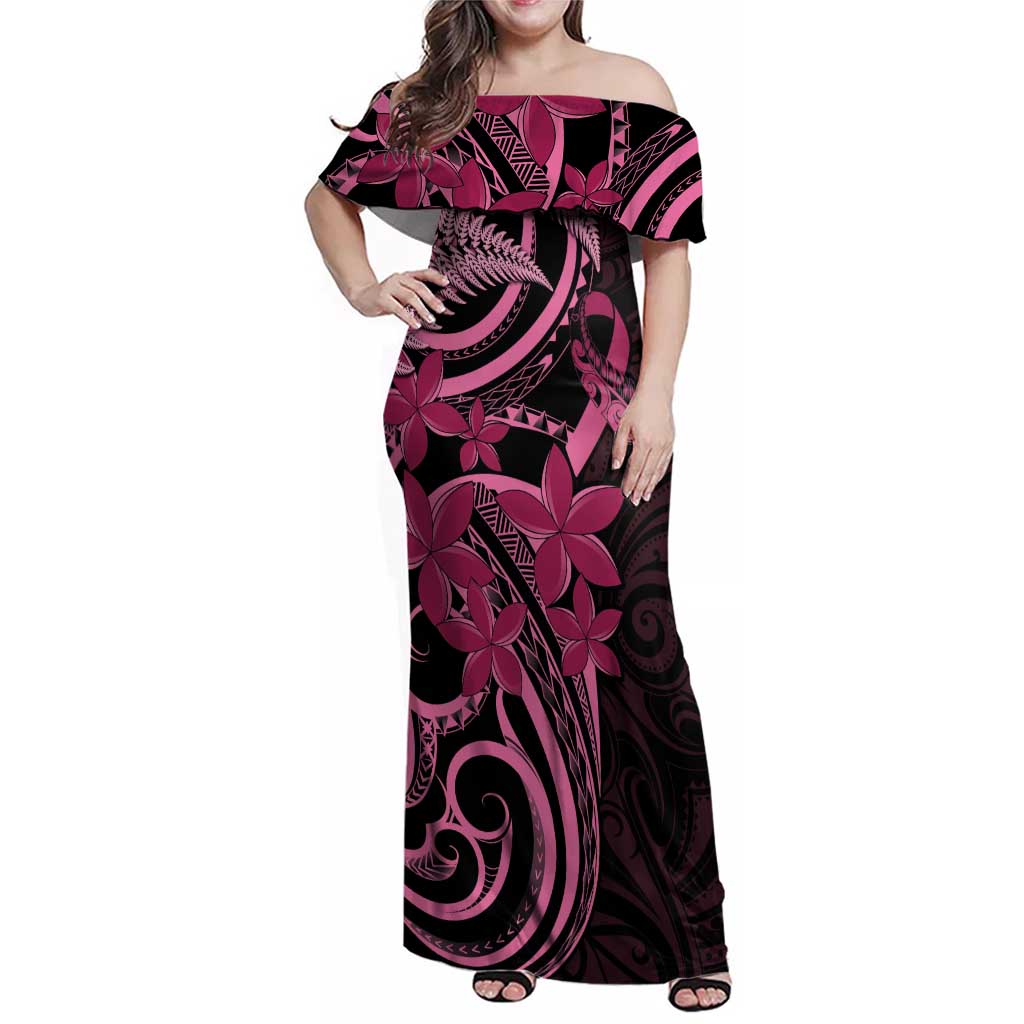 Aotearoa Maori Family Matching Off Shoulder Maxi Dress and Hawaiian Shirt Pink Fern Ribbons on Black - Aussie Hoodie