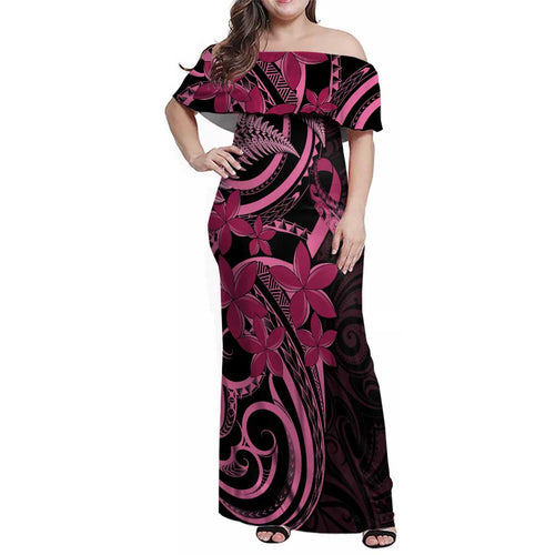 Aotearoa Maori Family Matching Off Shoulder Maxi Dress and Hawaiian Shirt Pink Fern Ribbons on Black - Aussie Hoodie