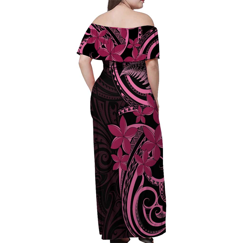 Aotearoa Maori Family Matching Off Shoulder Maxi Dress and Hawaiian Shirt Pink Fern Ribbons on Black - Aussie Hoodie