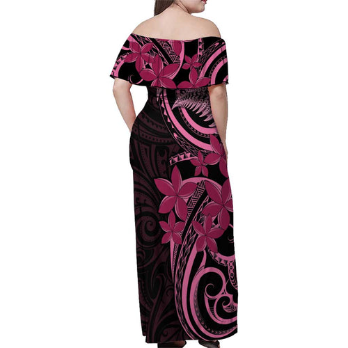 Aotearoa Maori Family Matching Off Shoulder Maxi Dress and Hawaiian Shirt Pink Fern Ribbons on Black - Aussie Hoodie