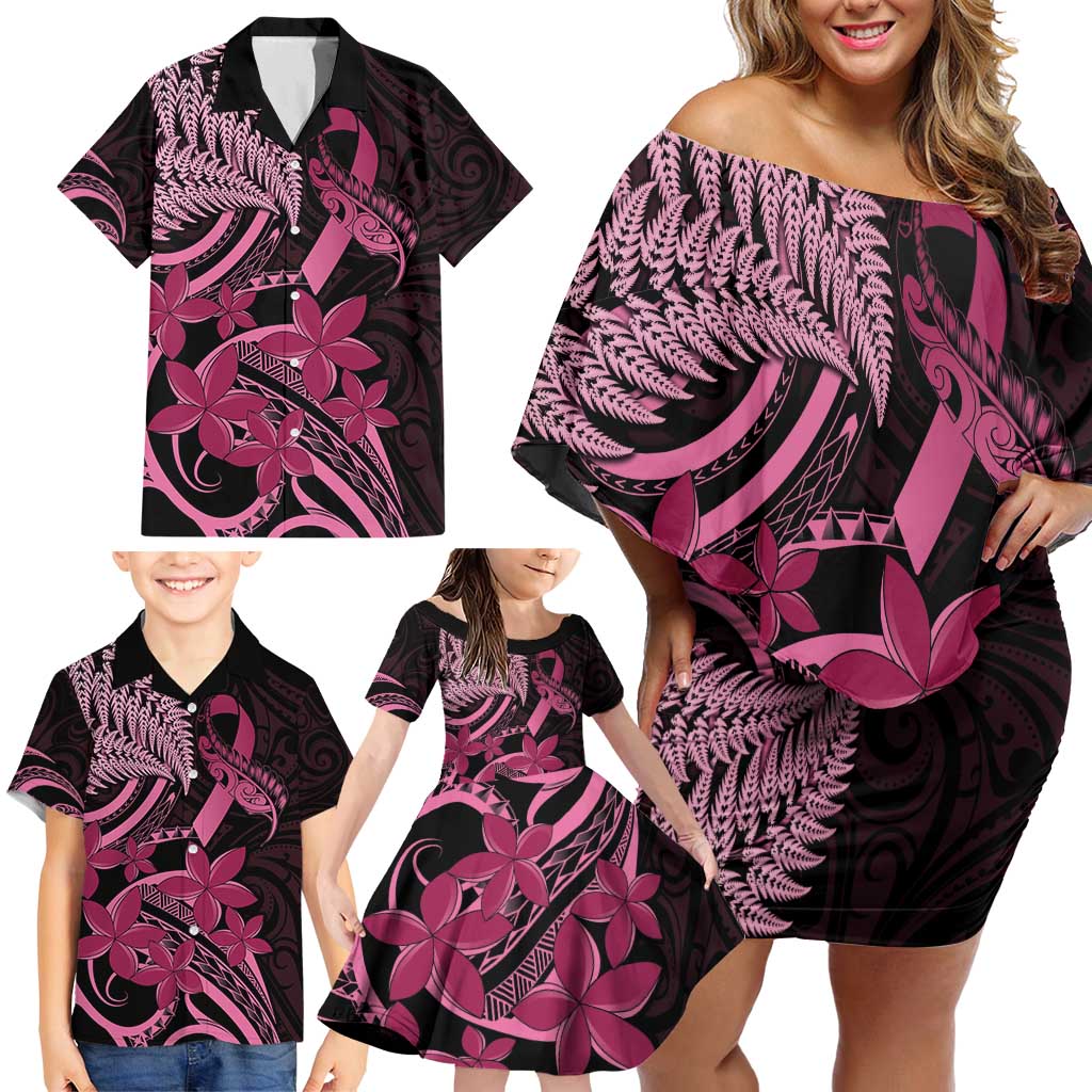 Aotearoa Maori Family Matching Off Shoulder Short Dress and Hawaiian Shirt Pink Fern Ribbons on Black - Aussie Hoodie