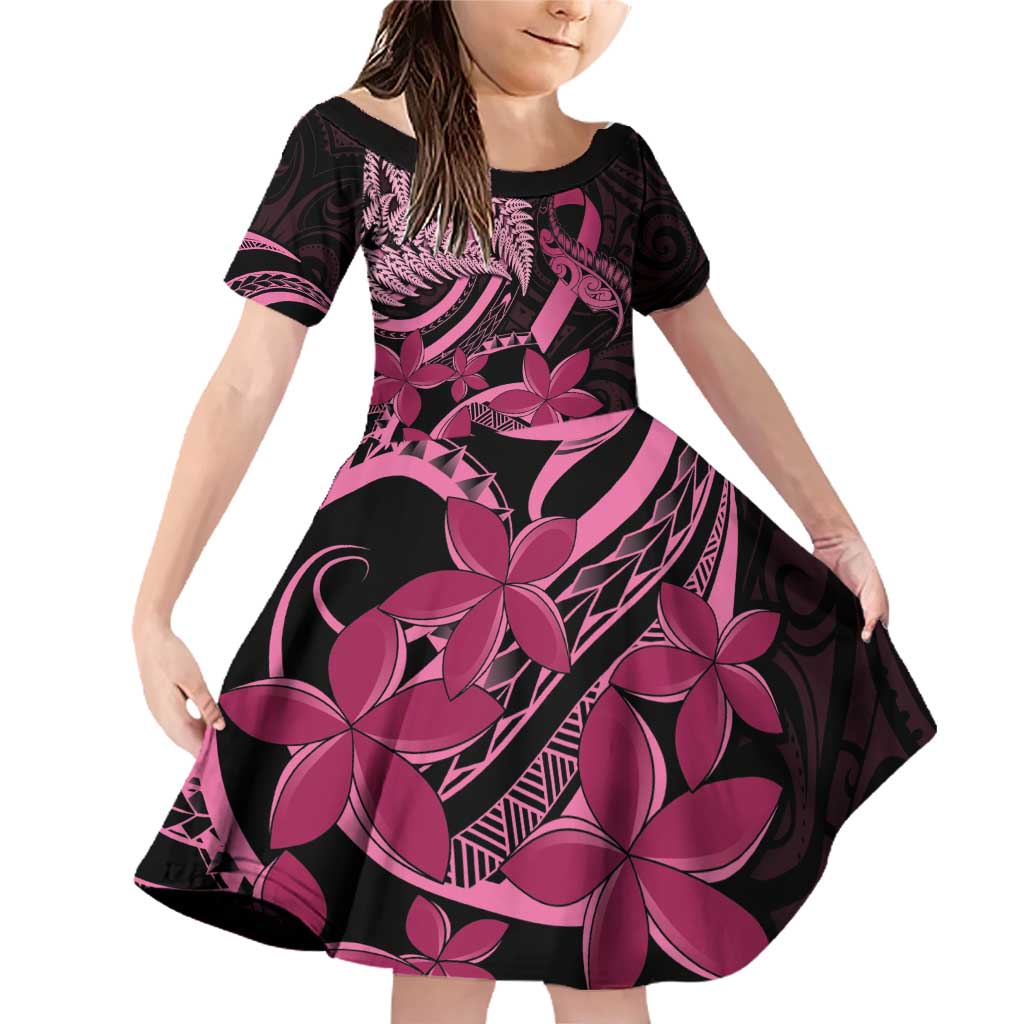 Aotearoa Maori Family Matching Off Shoulder Short Dress and Hawaiian Shirt Pink Fern Ribbons on Black - Aussie Hoodie