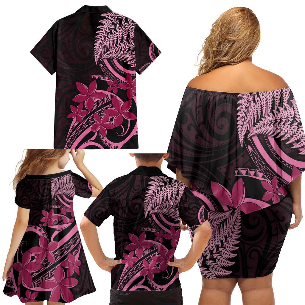 Aotearoa Maori Family Matching Off Shoulder Short Dress and Hawaiian Shirt Pink Fern Ribbons on Black - Aussie Hoodie