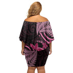 Aotearoa Maori Family Matching Off Shoulder Short Dress and Hawaiian Shirt Pink Fern Ribbons on Black - Aussie Hoodie