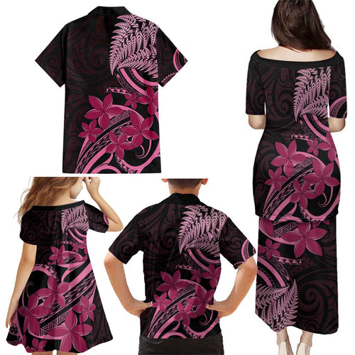 Aotearoa Maori Family Matching Puletasi and Hawaiian Shirt Pink Fern Ribbons on Black - Aussie Hoodie