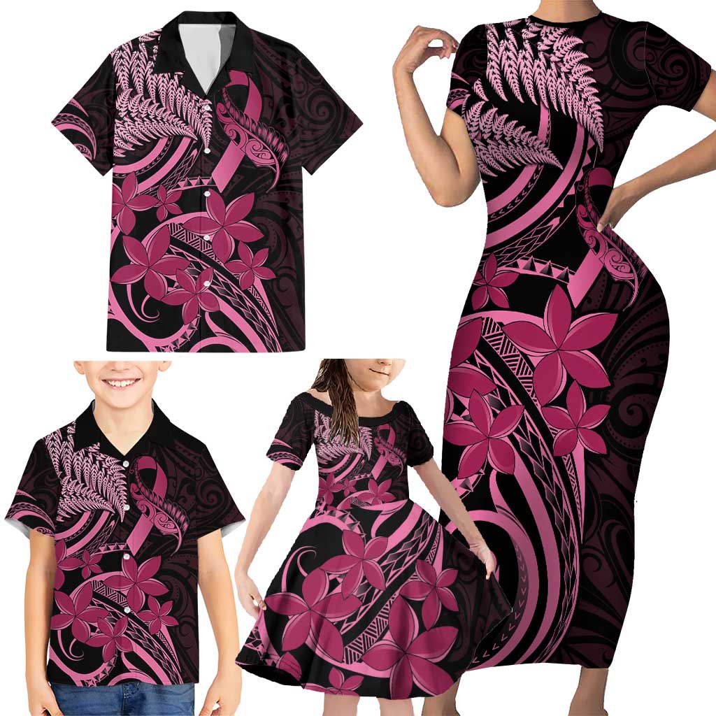 Aotearoa Maori Family Matching Short Sleeve Bodycon Dress and Hawaiian Shirt Pink Fern Ribbons on Black - Aussie Hoodie