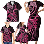 Aotearoa Maori Family Matching Short Sleeve Bodycon Dress and Hawaiian Shirt Pink Fern Ribbons on Black - Aussie Hoodie