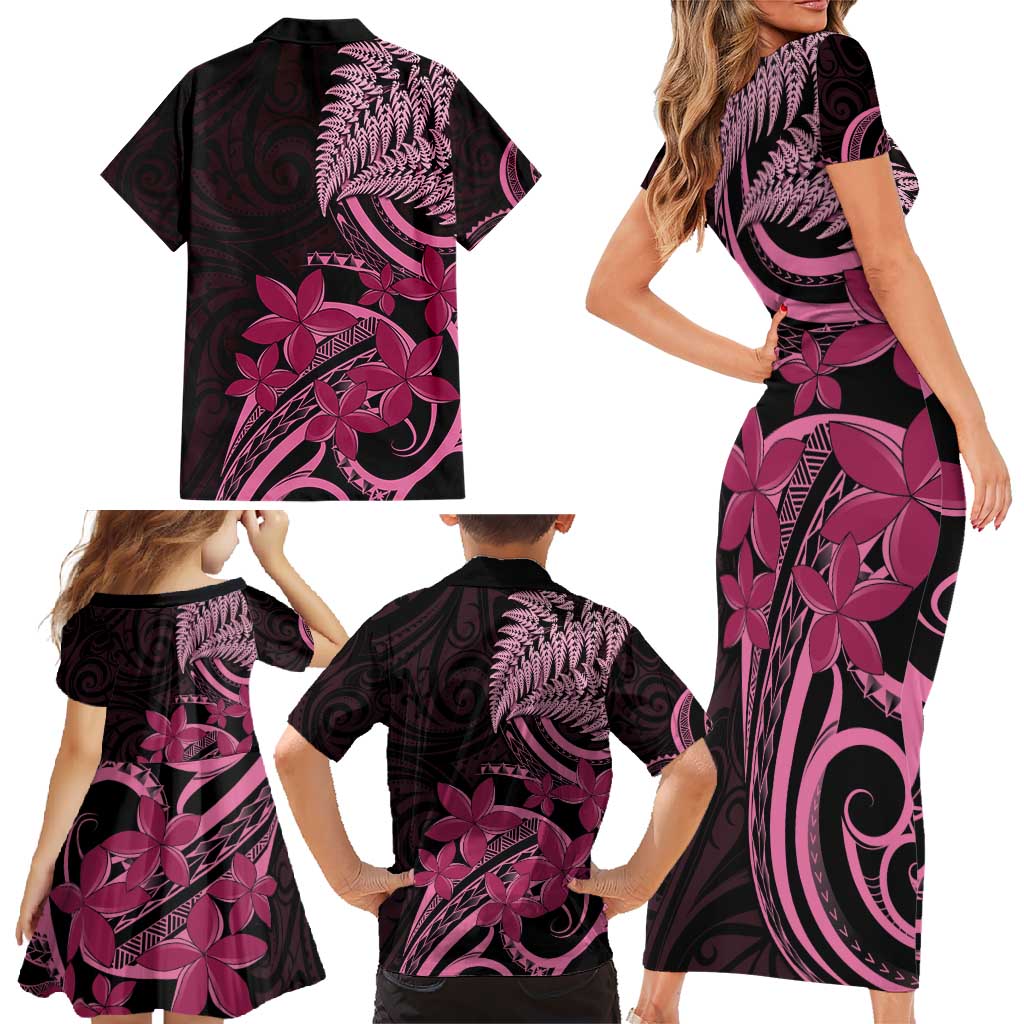 Aotearoa Maori Family Matching Short Sleeve Bodycon Dress and Hawaiian Shirt Pink Fern Ribbons on Black - Aussie Hoodie
