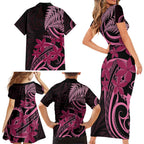 Aotearoa Maori Family Matching Short Sleeve Bodycon Dress and Hawaiian Shirt Pink Fern Ribbons on Black - Aussie Hoodie