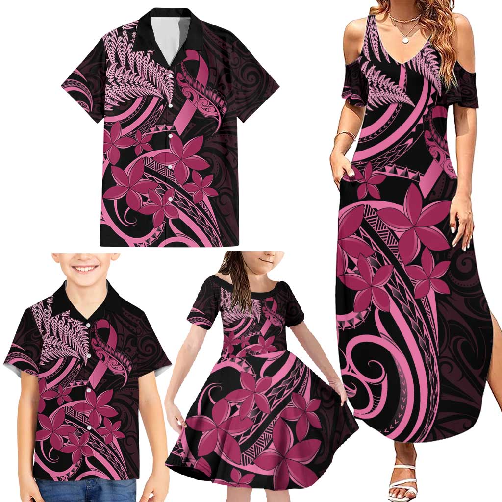 Aotearoa Maori Family Matching Summer Maxi Dress and Hawaiian Shirt Pink Fern Ribbons on Black - Aussie Hoodie