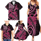 Aotearoa Maori Family Matching Summer Maxi Dress and Hawaiian Shirt Pink Fern Ribbons on Black - Aussie Hoodie