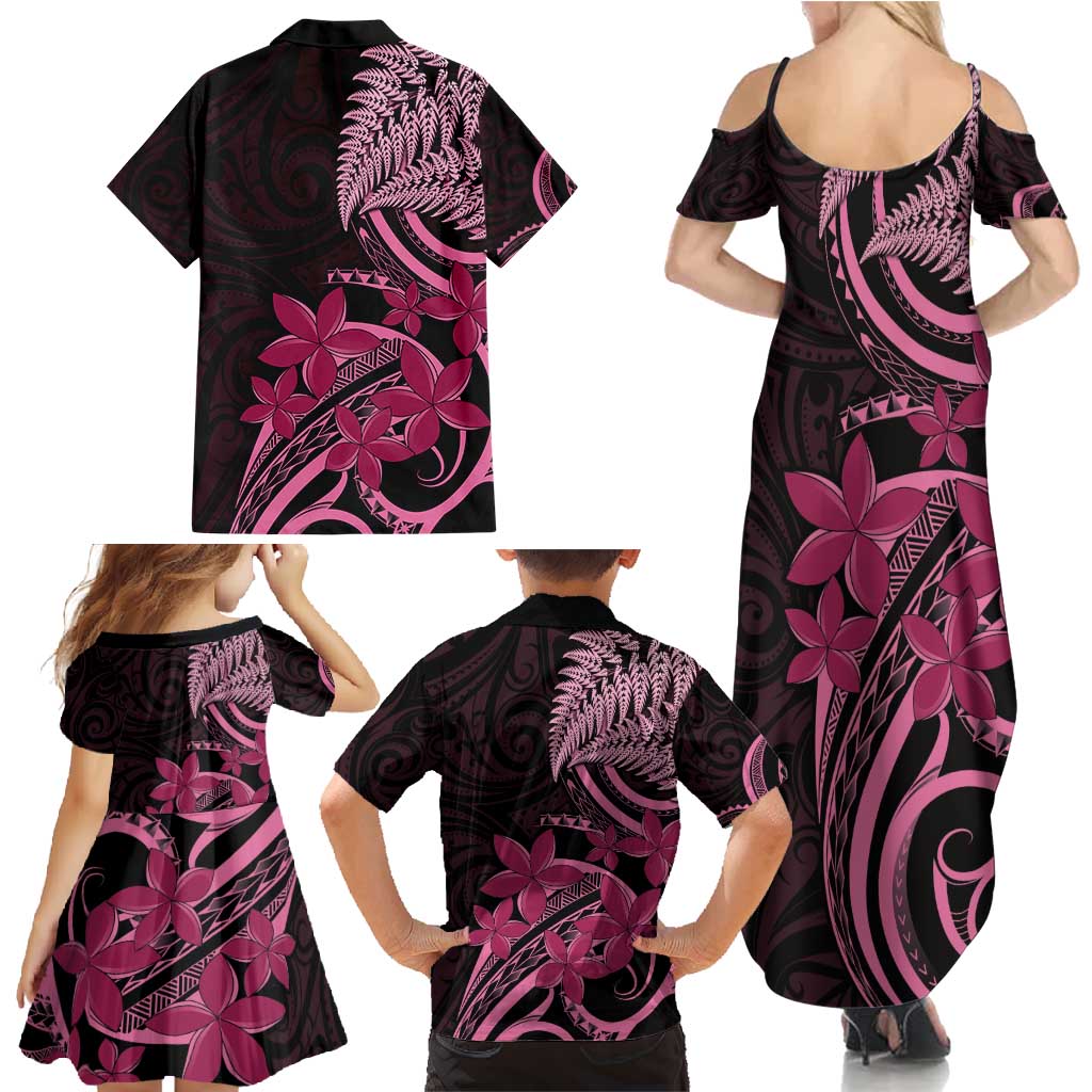Aotearoa Maori Family Matching Summer Maxi Dress and Hawaiian Shirt Pink Fern Ribbons on Black - Aussie Hoodie