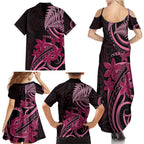 Aotearoa Maori Family Matching Summer Maxi Dress and Hawaiian Shirt Pink Fern Ribbons on Black - Aussie Hoodie
