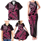 Aotearoa Maori Family Matching Tank Maxi Dress and Hawaiian Shirt Pink Fern Ribbons on Black - Aussie Hoodie