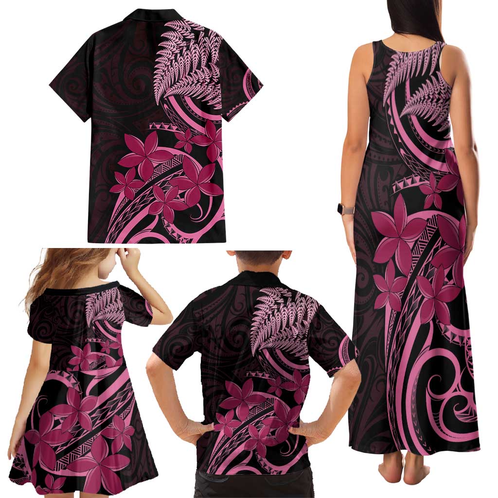 Aotearoa Maori Family Matching Tank Maxi Dress and Hawaiian Shirt Pink Fern Ribbons on Black - Aussie Hoodie