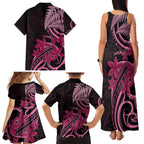Aotearoa Maori Family Matching Tank Maxi Dress and Hawaiian Shirt Pink Fern Ribbons on Black - Aussie Hoodie