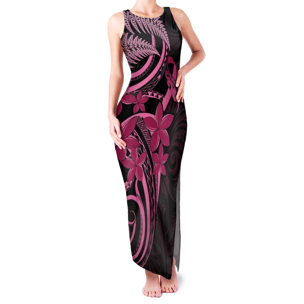 Aotearoa Maori Family Matching Tank Maxi Dress and Hawaiian Shirt Pink Fern Ribbons on Black - Aussie Hoodie