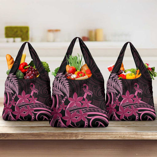 Aotearoa Maori Grocery Bag Pink Fern Ribbons on Black - Aussie Hoodie