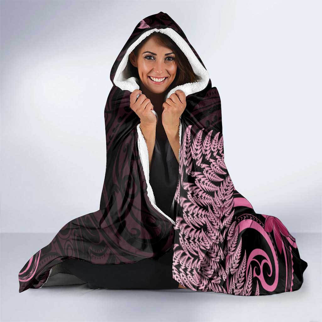 Aotearoa Maori Hooded Blanket Pink Fern Ribbons on Black - Aussie Hoodie