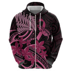 Aotearoa Maori Hoodie Pink Fern Ribbons on Black - Aussie Hoodie