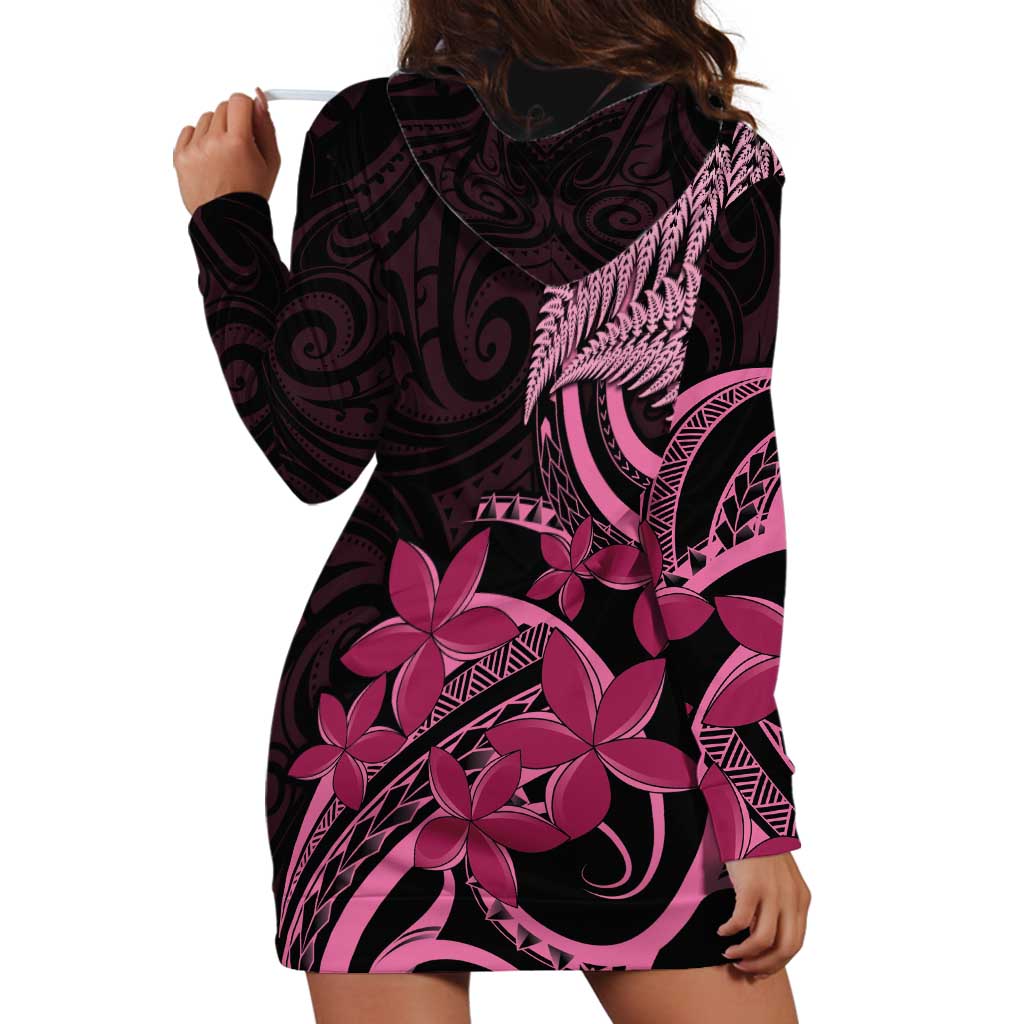 Aotearoa Maori Hoodie Dress Pink Fern Ribbons on Black - Aussie Hoodie