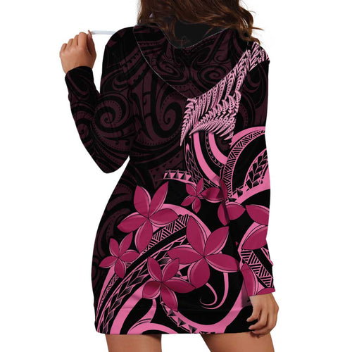 Aotearoa Maori Hoodie Dress Pink Fern Ribbons on Black - Aussie Hoodie