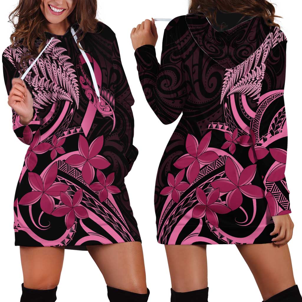 Aotearoa Maori Hoodie Dress Pink Fern Ribbons on Black - Aussie Hoodie
