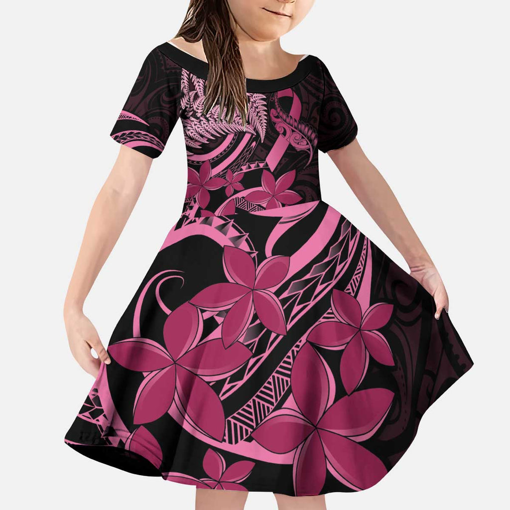 Aotearoa Maori Kid Short Sleeve Dress Pink Fern Ribbons on Black - Aussie Hoodie