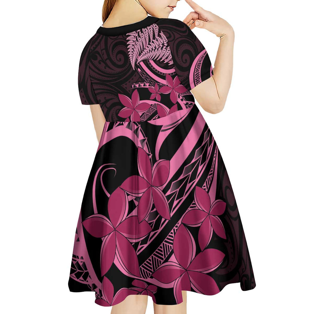 Aotearoa Maori Kid Short Sleeve Dress Pink Fern Ribbons on Black - Aussie Hoodie