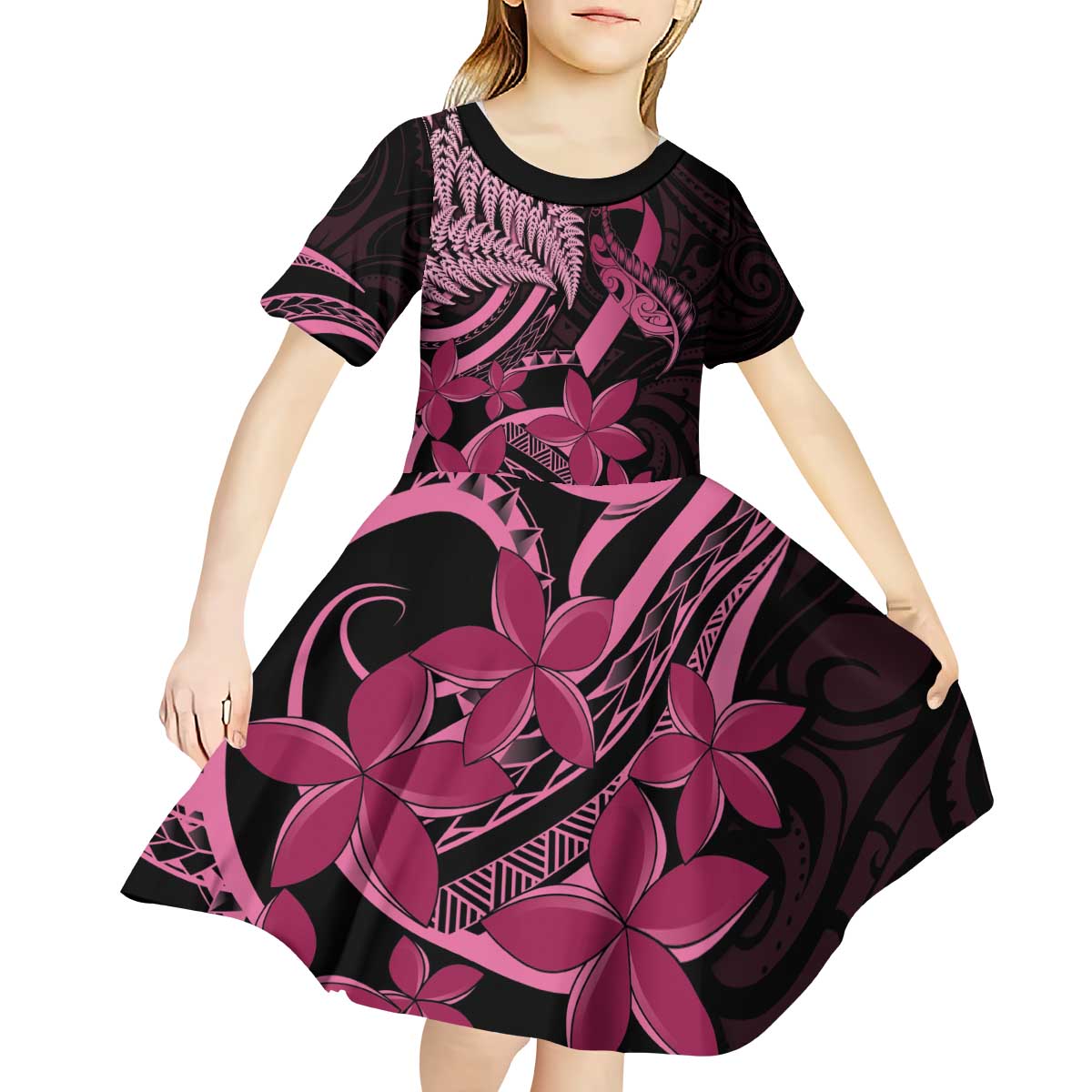 Aotearoa Maori Kid Short Sleeve Dress Pink Fern Ribbons on Black - Aussie Hoodie