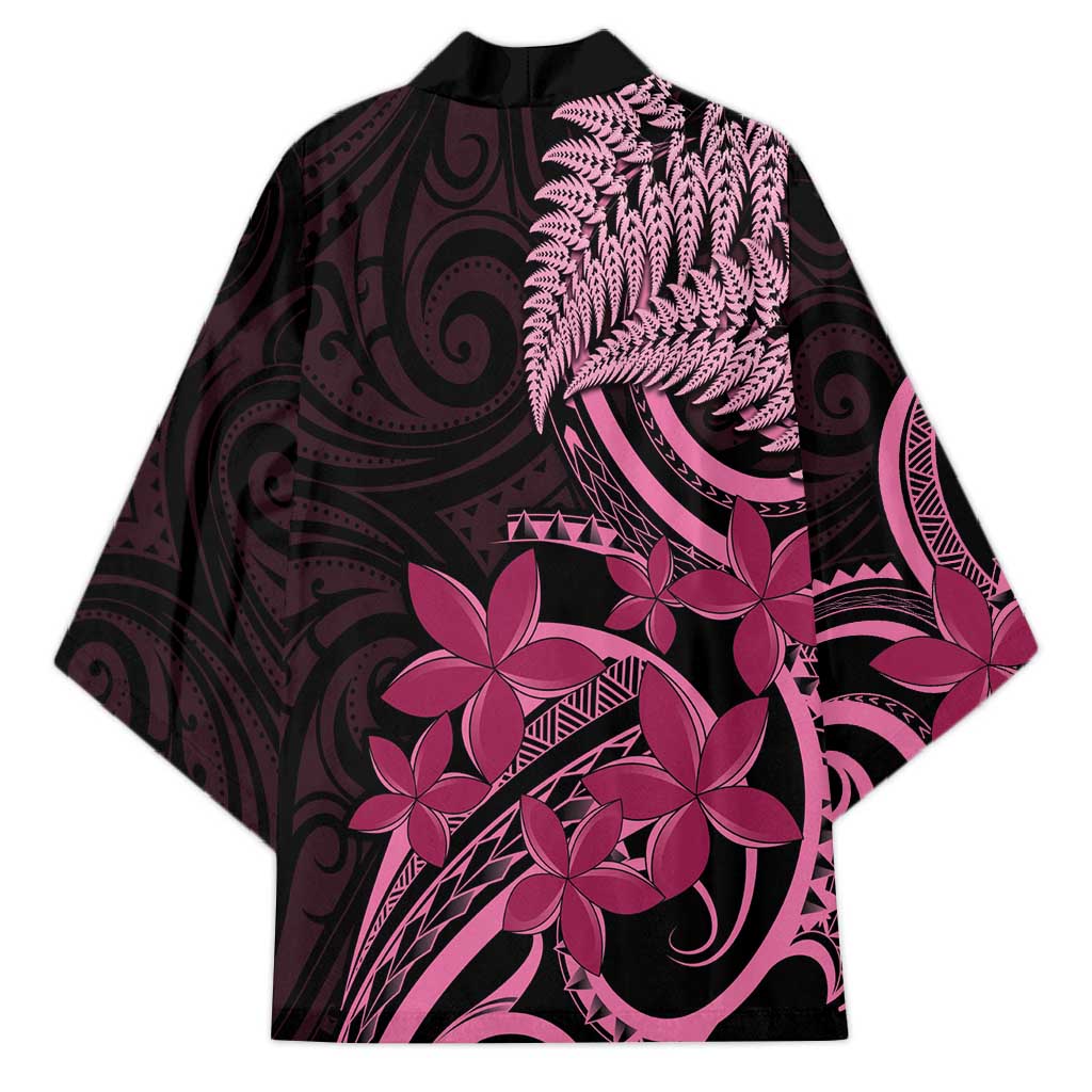 Aotearoa Maori Kimono Pink Fern Ribbons on Black - Aussie Hoodie