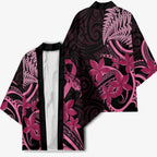 Aotearoa Maori Kimono Pink Fern Ribbons on Black - Aussie Hoodie