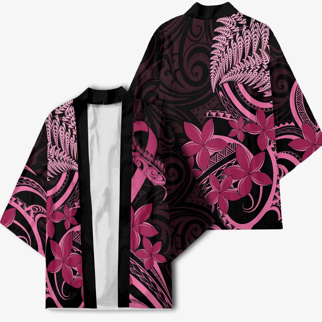 Aotearoa Maori Kimono Pink Fern Ribbons on Black - Aussie Hoodie