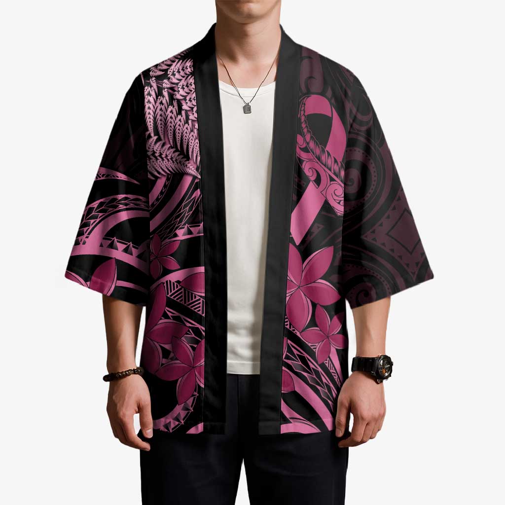 Aotearoa Maori Kimono Pink Fern Ribbons on Black - Aussie Hoodie