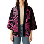 Aotearoa Maori Kimono Pink Fern Ribbons on Black - Aussie Hoodie