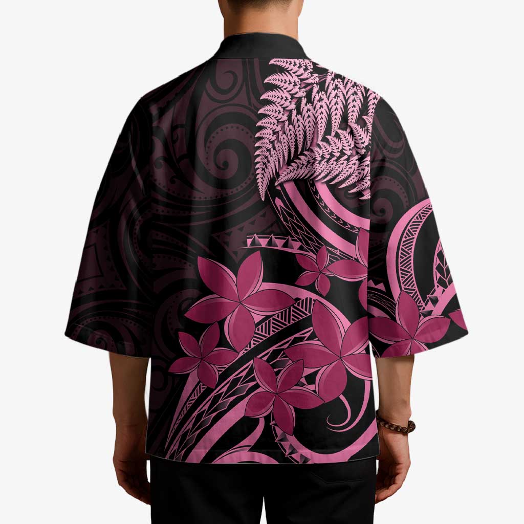 Aotearoa Maori Kimono Pink Fern Ribbons on Black - Aussie Hoodie