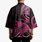 Aotearoa Maori Kimono Pink Fern Ribbons on Black - Aussie Hoodie
