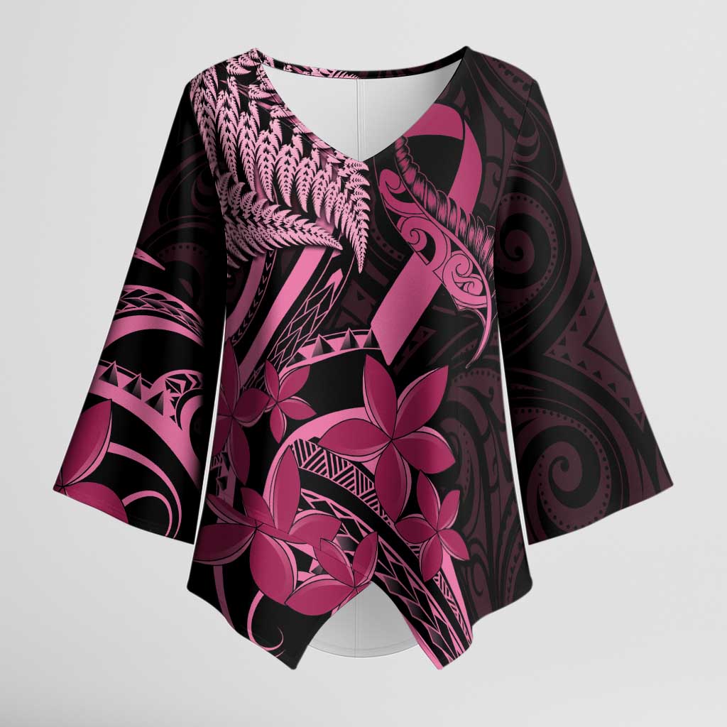 Aotearoa Maori Kimono Sleeve Blouse Pink Fern Ribbons on Black - Aussie Hoodie