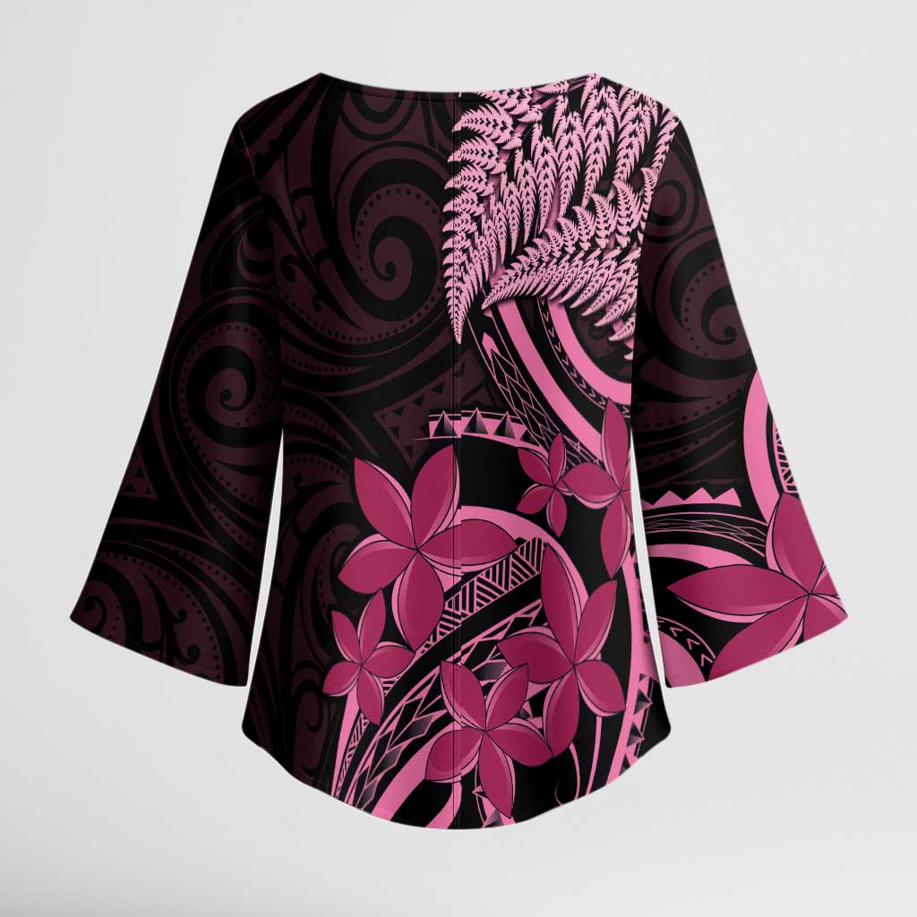 Aotearoa Maori Kimono Sleeve Blouse Pink Fern Ribbons on Black - Aussie Hoodie