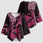 Aotearoa Maori Kimono Sleeve Blouse Pink Fern Ribbons on Black - Aussie Hoodie