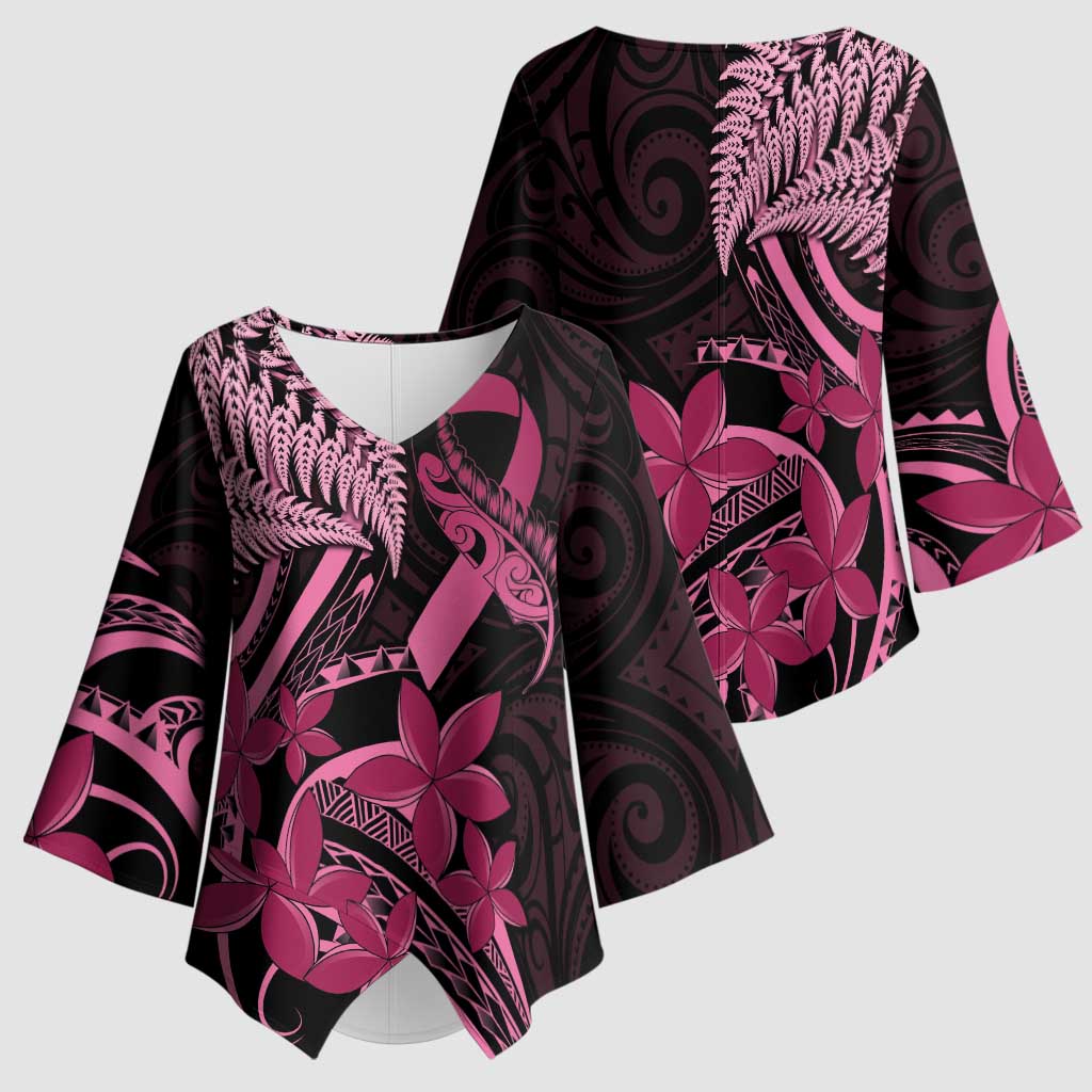 Aotearoa Maori Kimono Sleeve Blouse Pink Fern Ribbons on Black - Aussie Hoodie