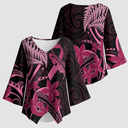 Aotearoa Maori Kimono Sleeve Blouse Pink Fern Ribbons on Black - Aussie Hoodie
