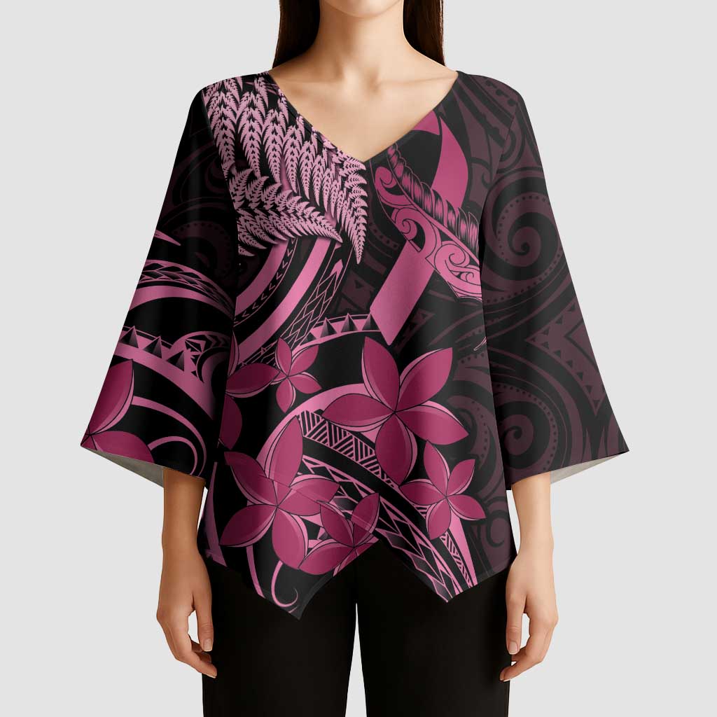 Aotearoa Maori Kimono Sleeve Blouse Pink Fern Ribbons on Black - Aussie Hoodie