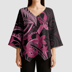 Aotearoa Maori Kimono Sleeve Blouse Pink Fern Ribbons on Black - Aussie Hoodie