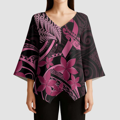 Aotearoa Maori Kimono Sleeve Blouse Pink Fern Ribbons on Black - Aussie Hoodie