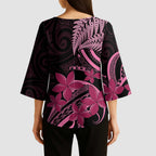 Aotearoa Maori Kimono Sleeve Blouse Pink Fern Ribbons on Black - Aussie Hoodie
