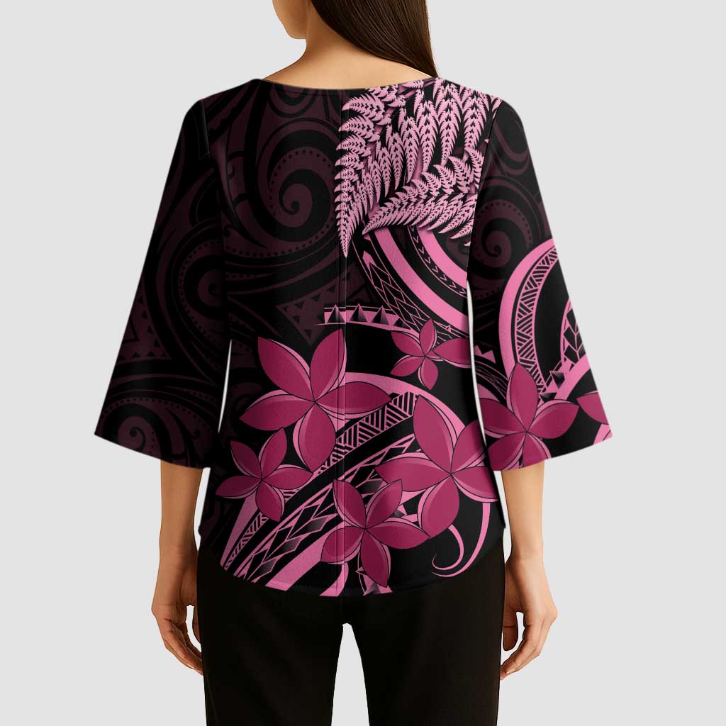 Aotearoa Maori Kimono Sleeve Blouse Pink Fern Ribbons on Black - Aussie Hoodie