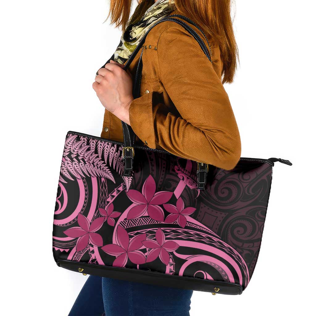 Aotearoa Maori Leather Tote Bag Pink Fern Ribbons on Black - Aussie Hoodie