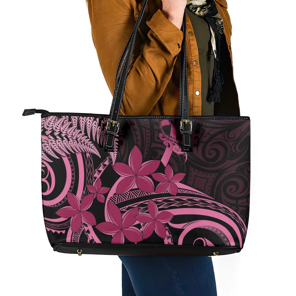 Aotearoa Maori Leather Tote Bag Pink Fern Ribbons on Black - Aussie Hoodie